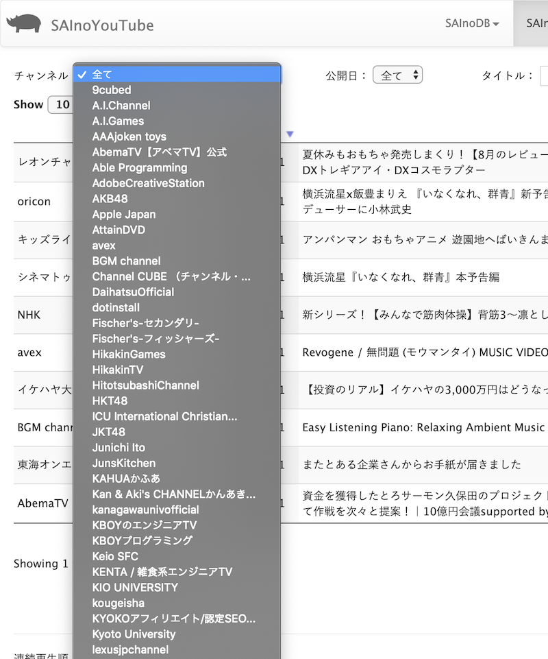Sainoyoutube自動連続再生 チャンネル検索のドロップダウンリストをインクリメンタルサーチできるようにしました Sainoyoutube